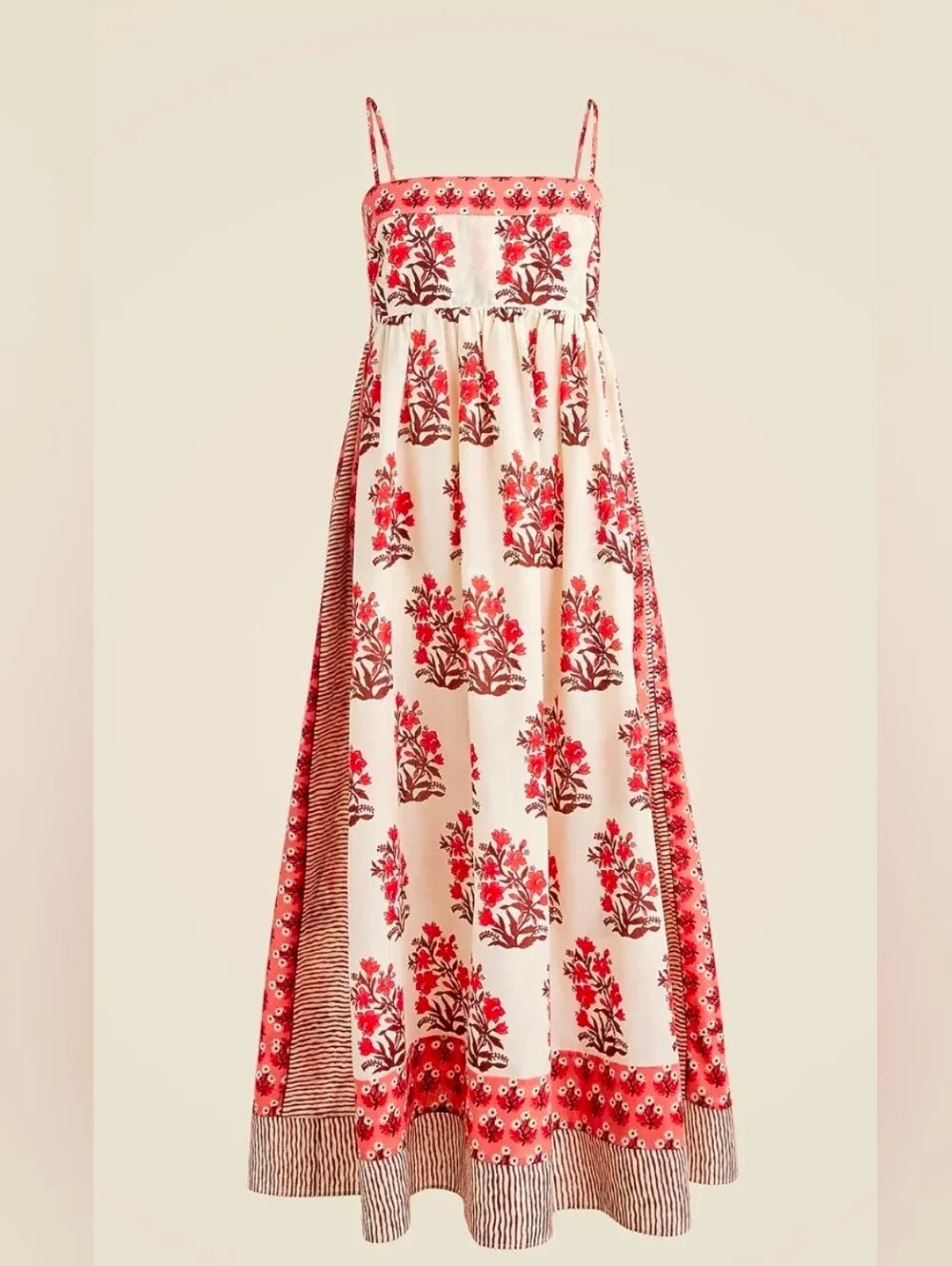 J. Crew Cotton Voile Floral Cream and Red Midi Dress W/Box Print Sz M